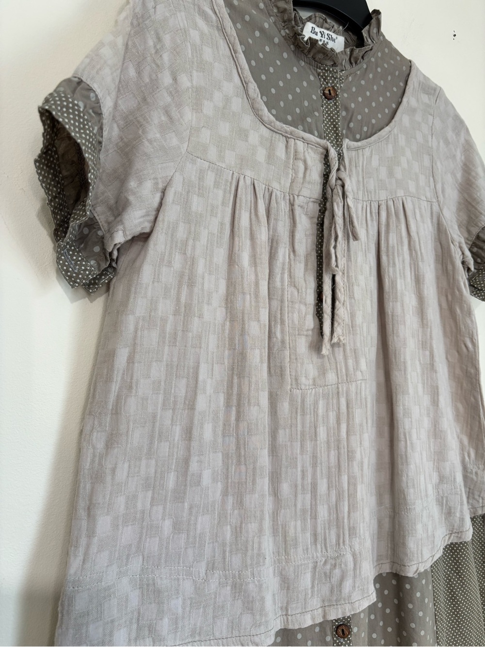 Vintage 90's boho slouchy cottage colorblock short sleeve layered mini dress - Picture 3 of 14